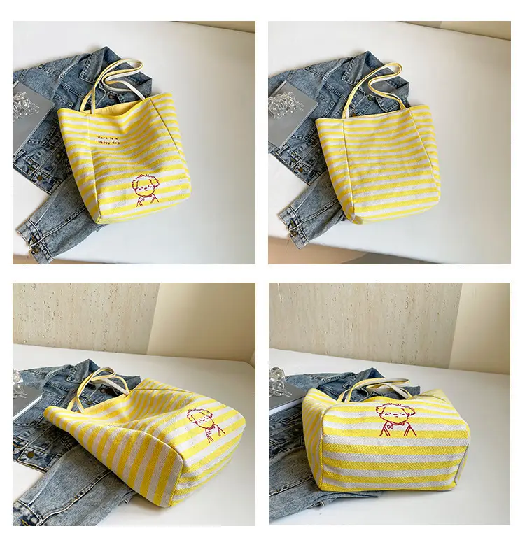 Striped Lazy Style Canvas Tote Bag Blue Large Capacity — feature 10