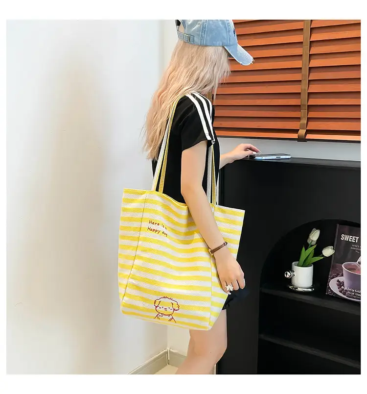 Striped Lazy Style Canvas Tote Bag Blue Large Capacity — feature 12