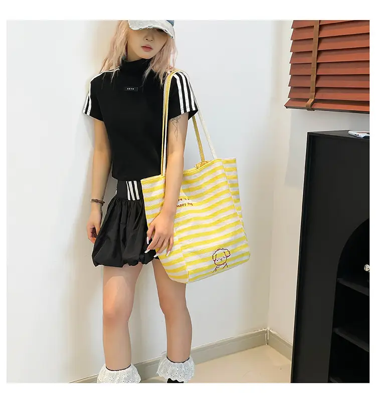 Striped Lazy Style Canvas Tote Bag Blue Large Capacity — feature 13