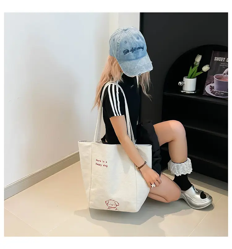 Striped Lazy Style Canvas Tote Bag Blue Large Capacity — feature 16