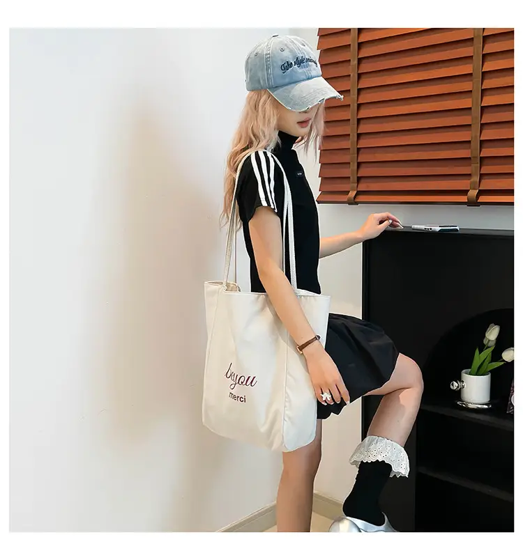 Striped Lazy Style Canvas Tote Bag Blue Large Capacity — feature 17