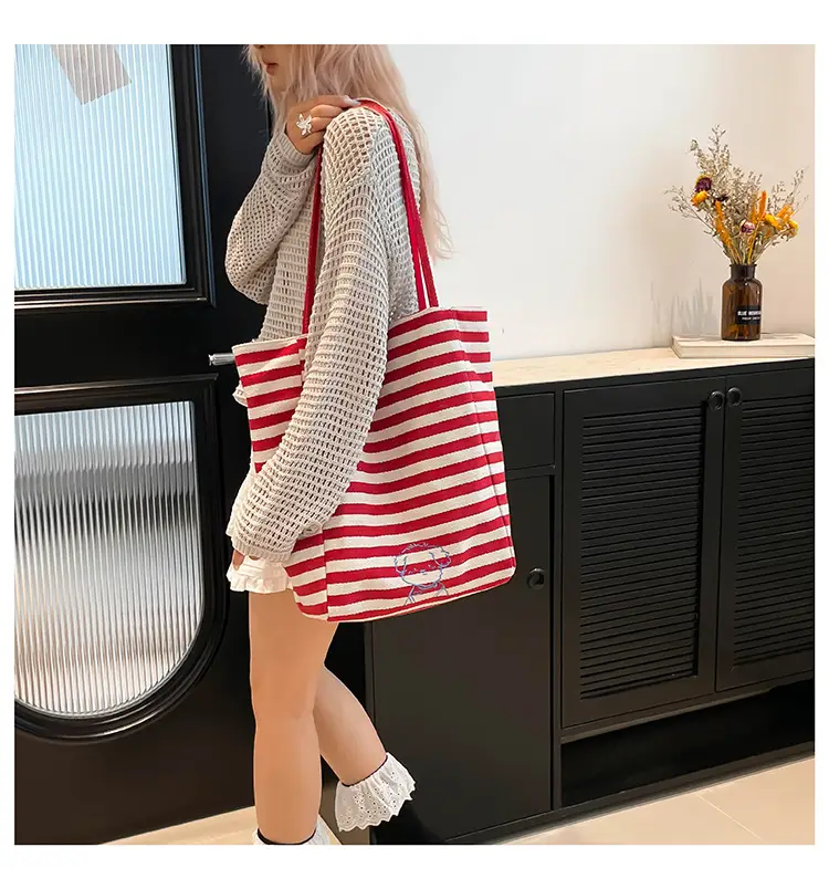 Striped Lazy Style Canvas Tote Bag Blue Large Capacity — feature 18