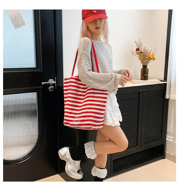 Striped Lazy Style Canvas Tote Bag Blue Large Capacity — feature 19