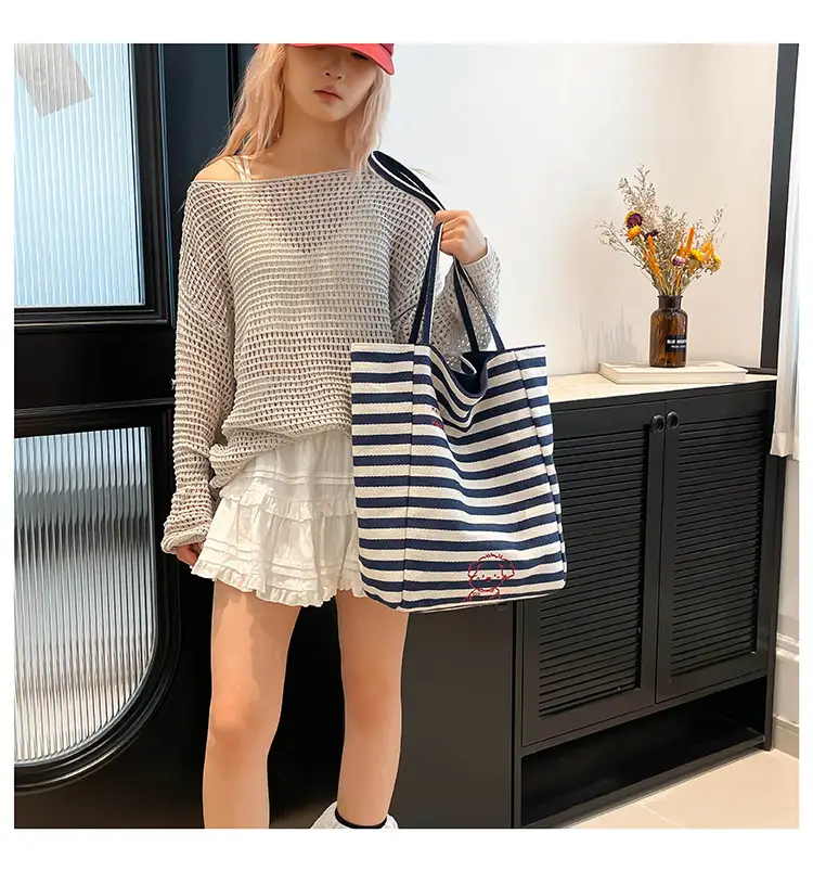 Striped Lazy Style Canvas Tote Bag Blue Large Capacity — feature 23