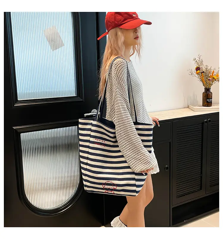 Striped Lazy Style Canvas Tote Bag Blue Large Capacity — feature 24