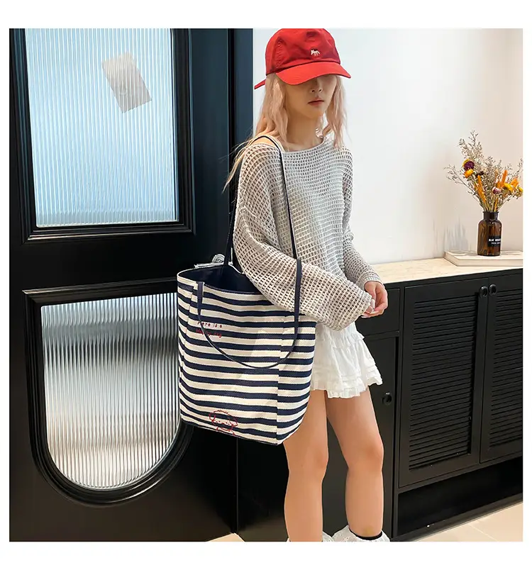 Striped Lazy Style Canvas Tote Bag Blue Large Capacity — feature 25