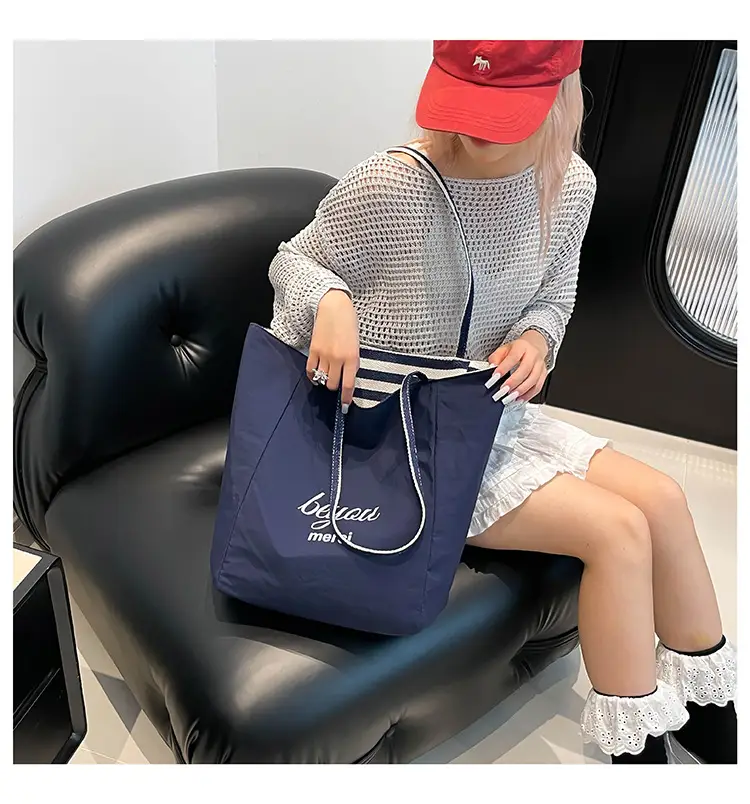Striped Lazy Style Canvas Tote Bag Blue Large Capacity — feature 26