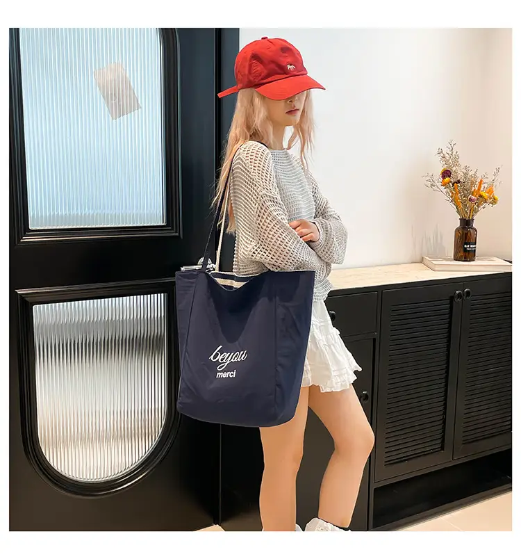 Striped Lazy Style Canvas Tote Bag Blue Large Capacity — feature 27