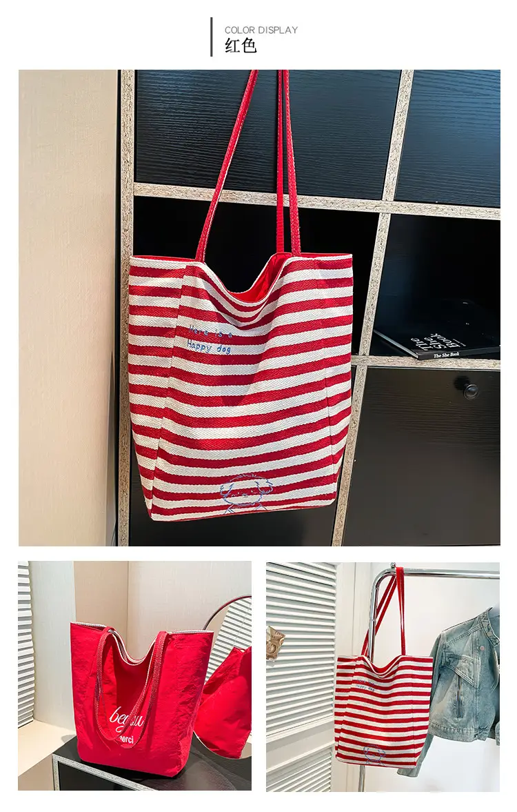 Striped Lazy Style Canvas Tote Bag Blue Large Capacity — feature 28