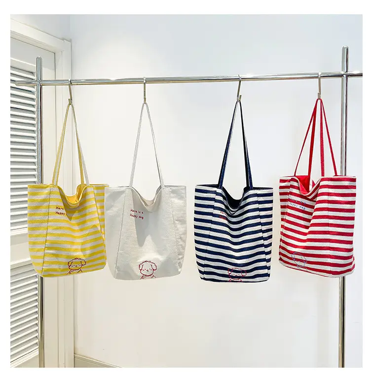 Striped Lazy Style Canvas Tote Bag Blue Large Capacity — feature 4
