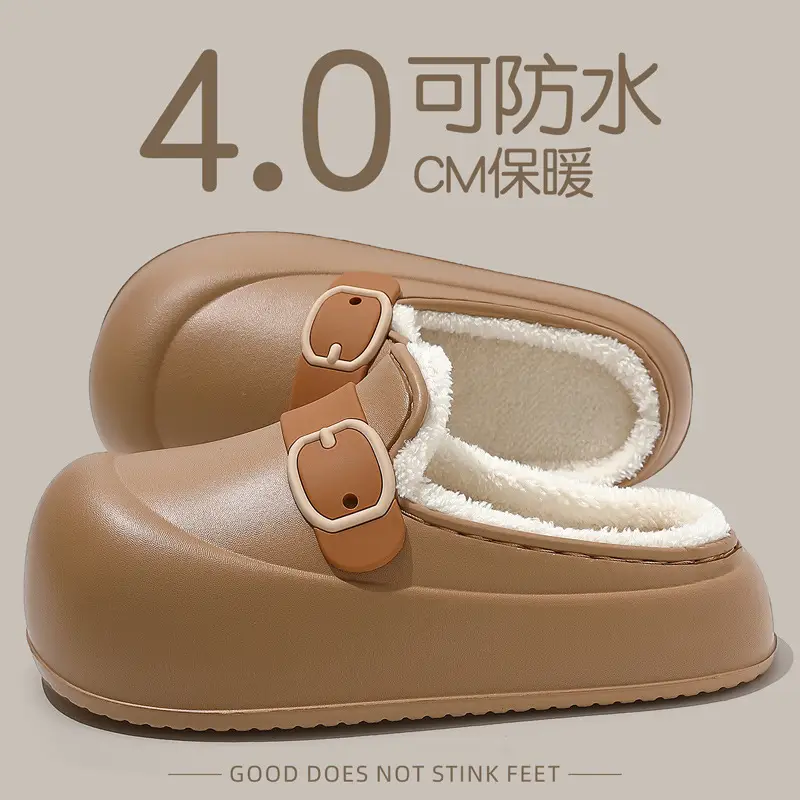 Waterproof Cotton Slippers for Women in Autumn and Winter Outer Wear Plush Warm Eva Thick Sole Non-Slip Women's Half Toe Cotton Slippers Wholesale - Image 6