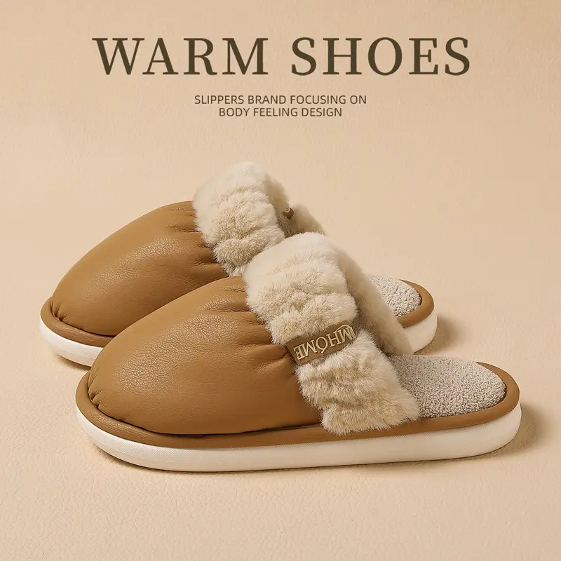 Women's Winter Indoor Cotton Slippers, Pu Waterproof Plush Warm Non-Slip Men's Winter Home Plush Cotton Slippers for Men