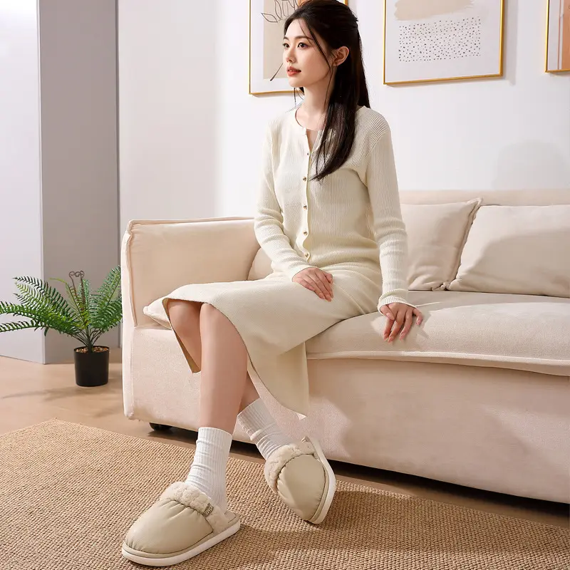 Women's Winter Indoor Cotton Slippers, Pu Waterproof Plush Warm Non-Slip Men's Winter Home Plush Cotton Slippers for Men