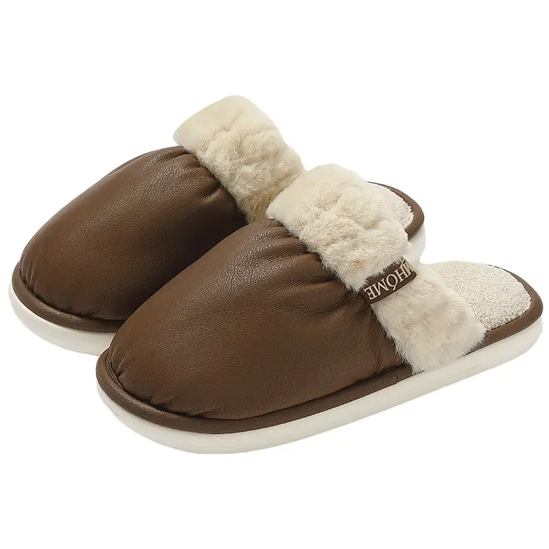Women's Winter Indoor Cotton Slippers, Pu Waterproof Plush Warm Non-Slip Men's Winter Home Plush Cotton Slippers for Men