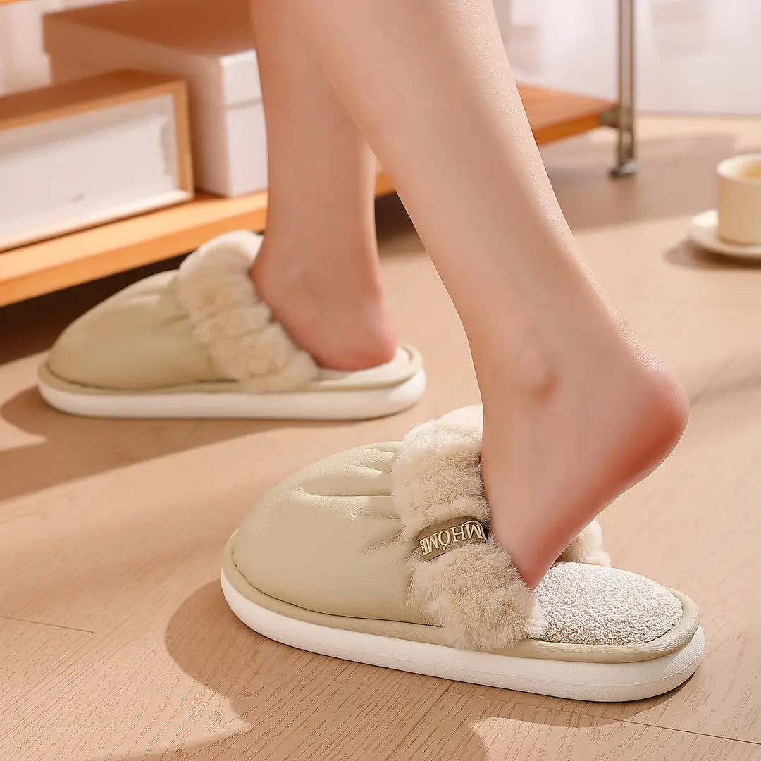 Fleece-Lined Cotton Slippers for Women, Autumn and Winter Indoor Warm Cotton Shoes for Men, Non-Slip Home Waterproof Pu Cotton Slippers for Men Wholesale - Image 4