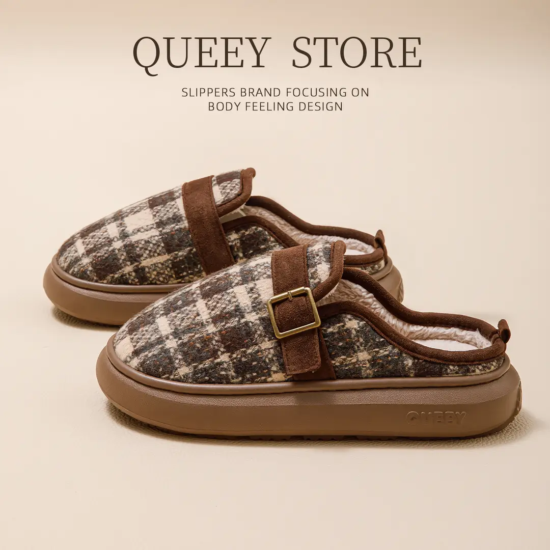 Striped Cotton Slippers for Women, Winter Home Slippers with Plush Lining, Thickened Cotton Slippers for Men, Non-Slip, Warm, and Suitable for Outdoor Wear - Image 2