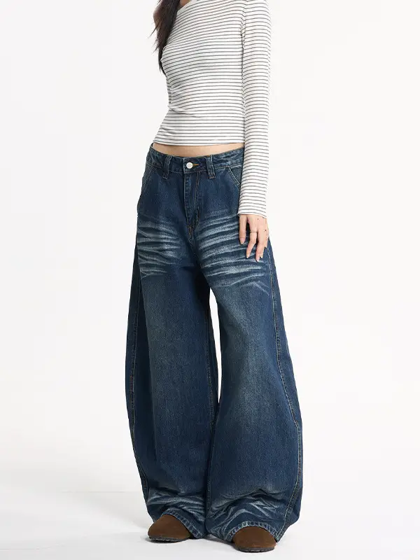Men's Dark Blue Washed Whiskers Jeans Baggy Wide Leg Scimitar Pants