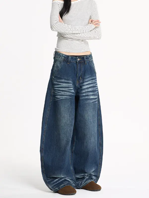 Men's Dark Blue Washed Whiskers Jeans Baggy Wide Leg Scimitar Pants