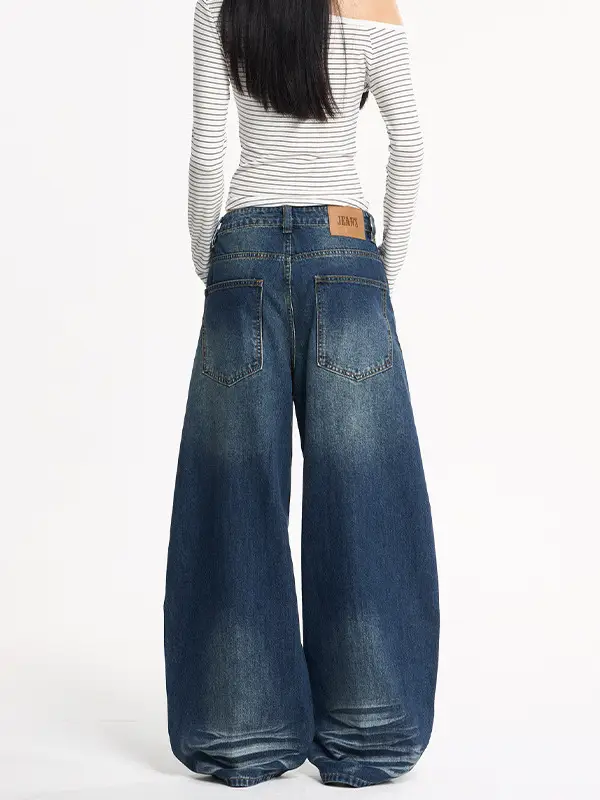 Men's Dark Blue Washed Whiskers Jeans Baggy Wide Leg Scimitar Pants