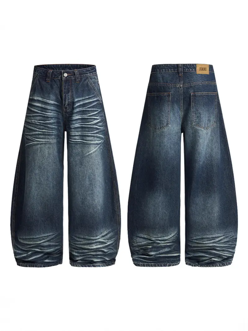 Men's Dark Blue Washed Whiskers Jeans Baggy Wide Leg Scimitar Pants