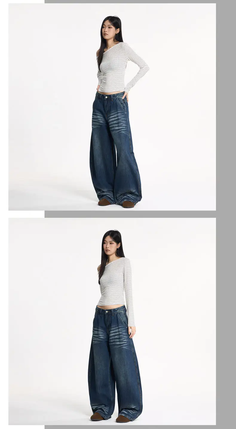 Men's Dark Blue Washed Whiskers Jeans Baggy Wide Leg Scimitar Pants — feature 11