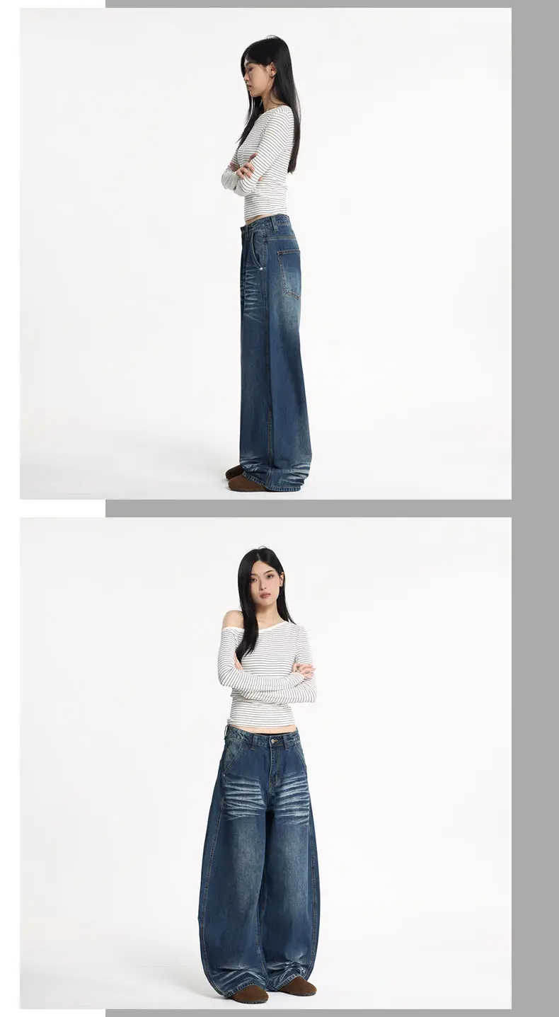 Men's Dark Blue Washed Whiskers Jeans Baggy Wide Leg Scimitar Pants — feature 12