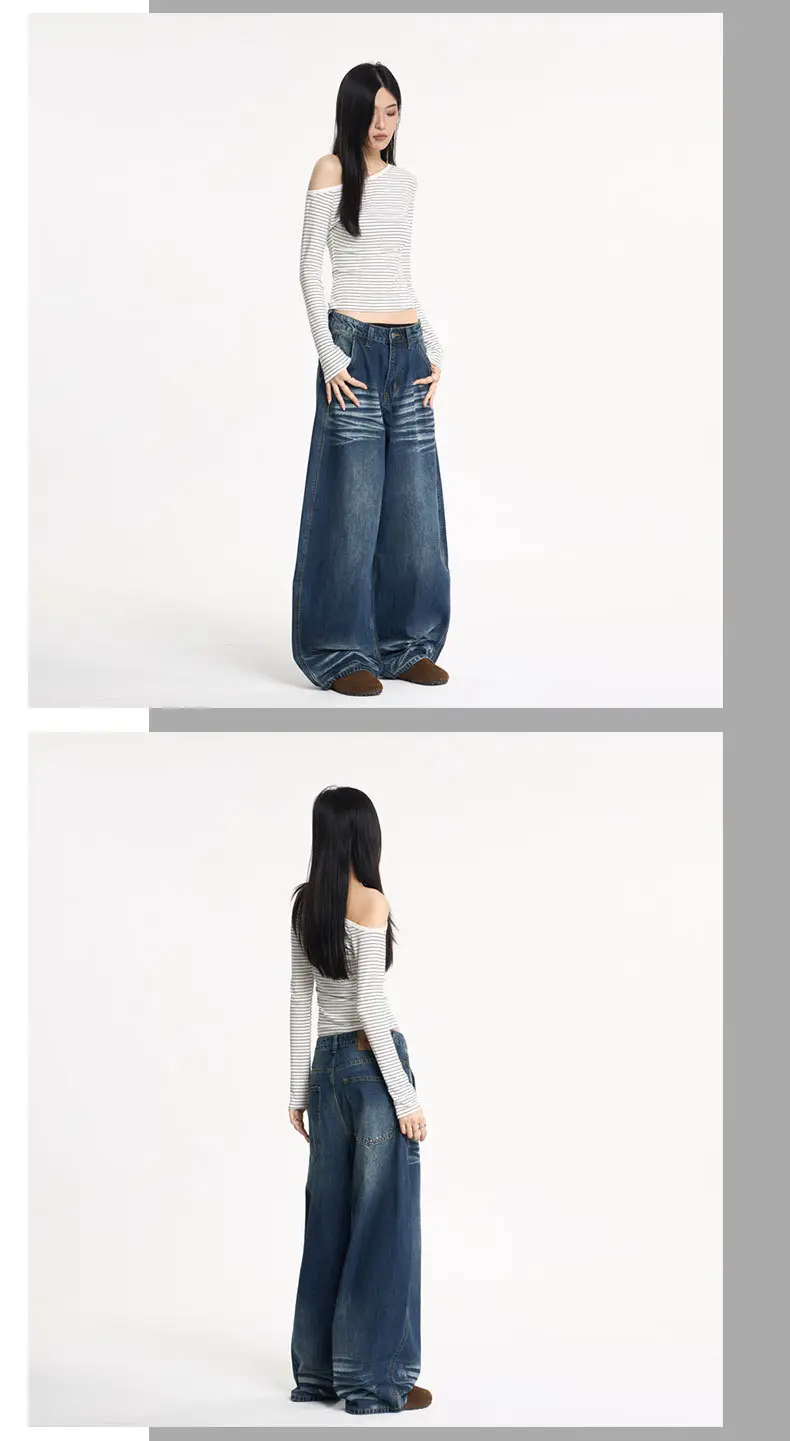 Men's Dark Blue Washed Whiskers Jeans Baggy Wide Leg Scimitar Pants — feature 13