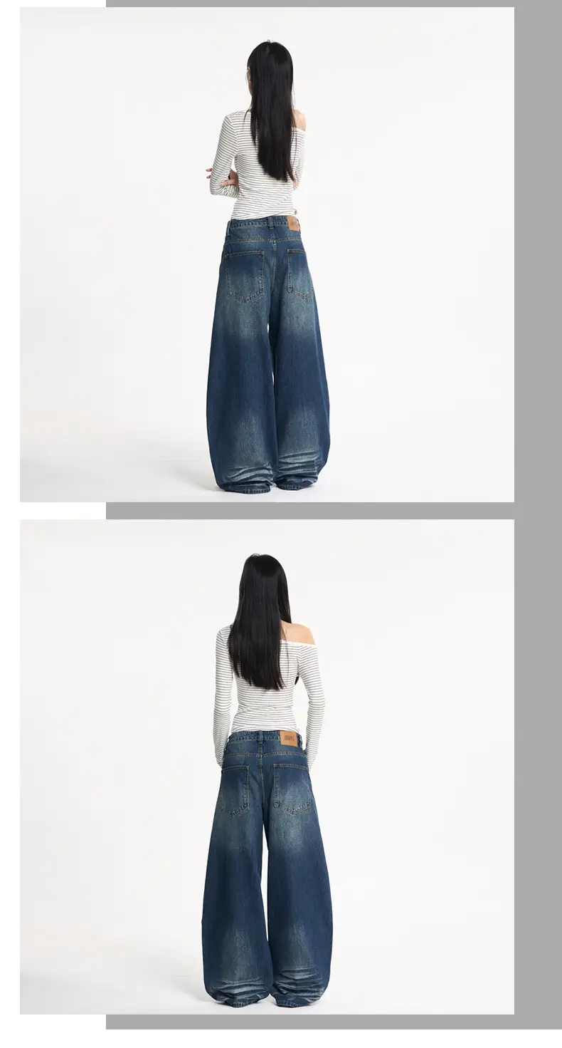 Men's Dark Blue Washed Whiskers Jeans Baggy Wide Leg Scimitar Pants — feature 14