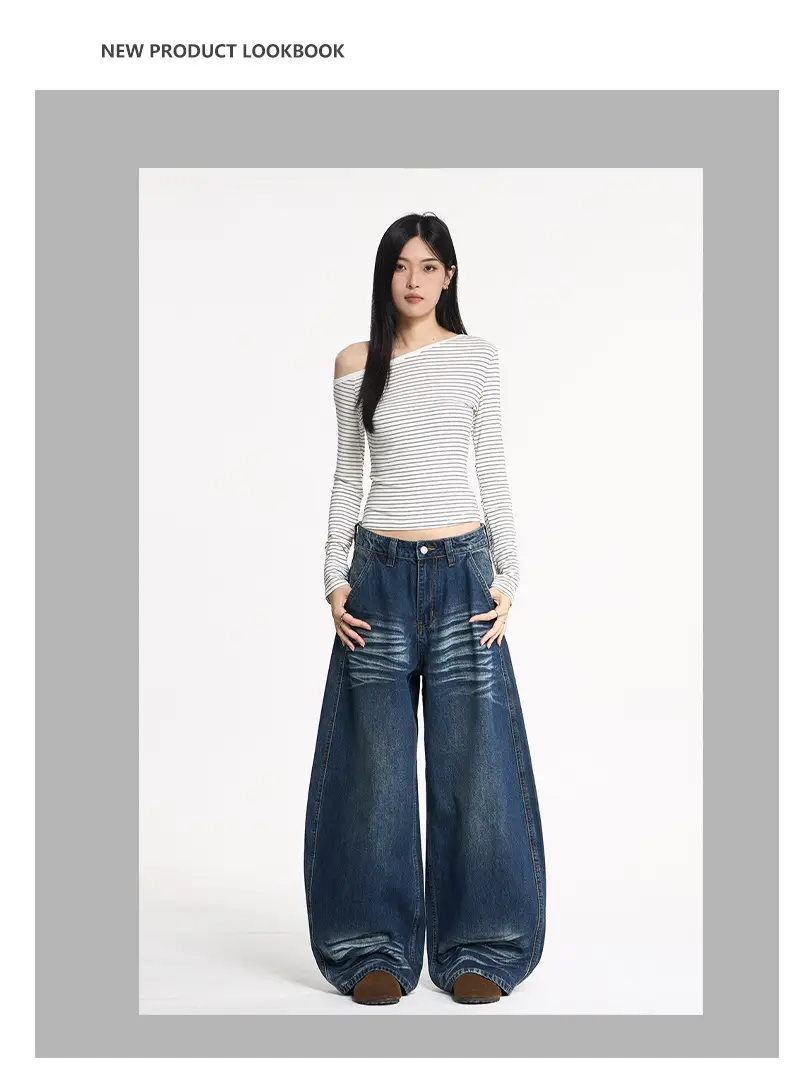 Men's Dark Blue Washed Whiskers Jeans Baggy Wide Leg Scimitar Pants — feature 3