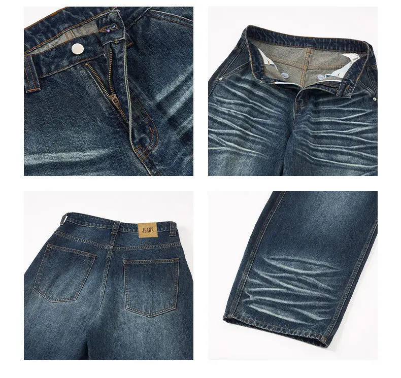 Men's Dark Blue Washed Whiskers Jeans Baggy Wide Leg Scimitar Pants — feature 9