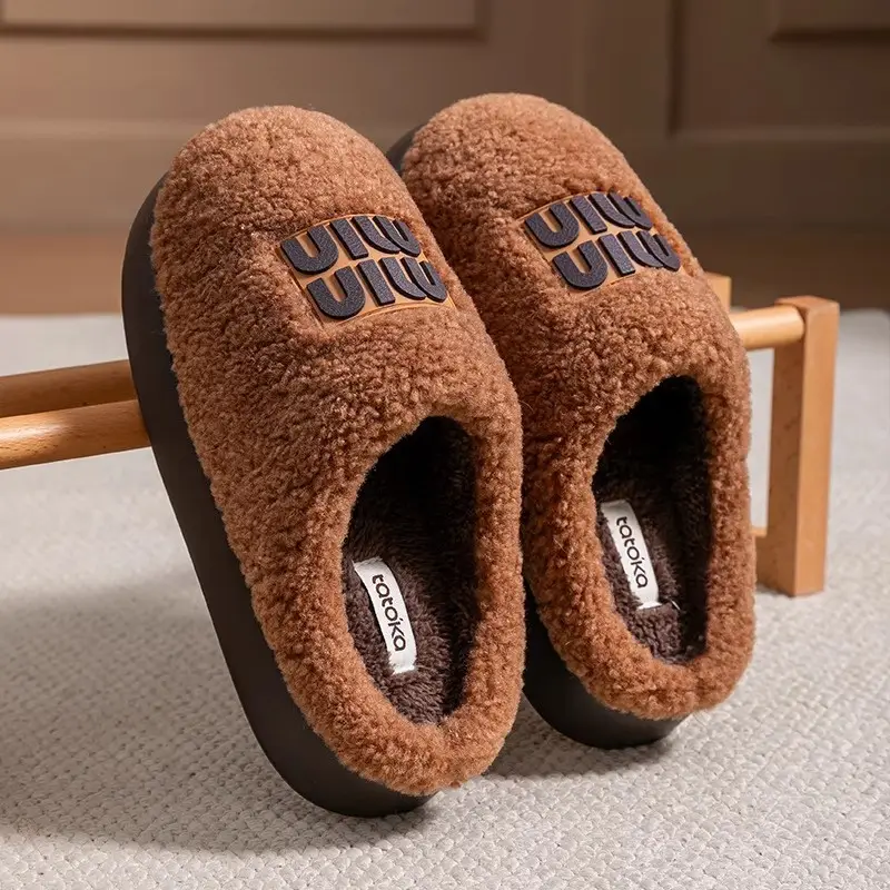 2025 Autumn and Winter New Style 4cm Thick-Soled Fur Slippers for Outer Wear, Warm Toe-Cap Lambswool Cotton Slippers - Image 9