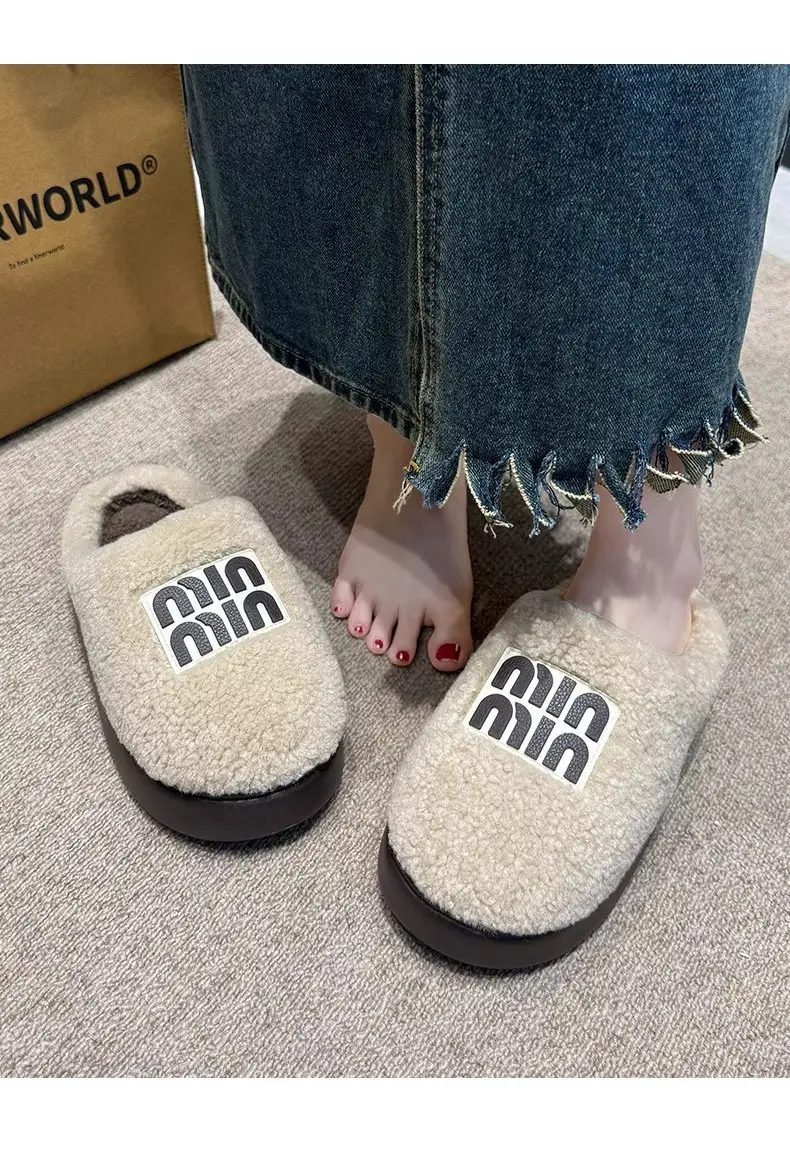 2025 Autumn and Winter New Style 4cm Thick-Soled Fur Slippers for Outer Wear, Warm Toe-Cap Lambswool Cotton Slippers — feature 16
