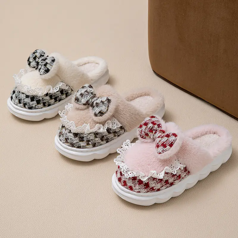 Cartoon Bow Maternity Slippers for Autumn and Winter, Home Living Room and Bedroom, Warm Fleece-Lined, Soft-Soled, Lightweight Cotton Slippers