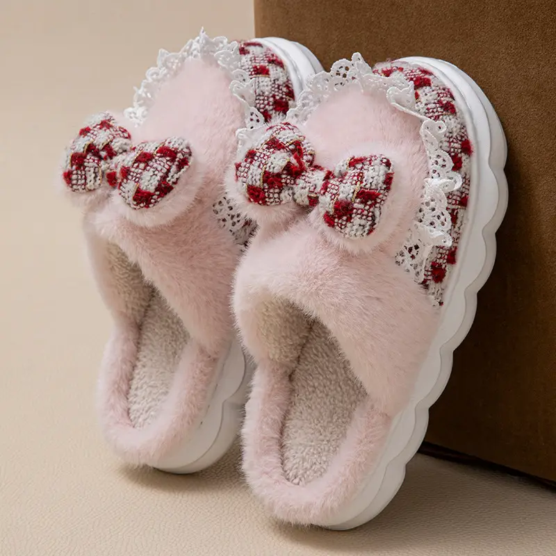 Cartoon Bow Maternity Slippers for Autumn and Winter, Home Living Room and Bedroom, Warm Fleece-Lined, Soft-Soled, Lightweight Cotton Slippers