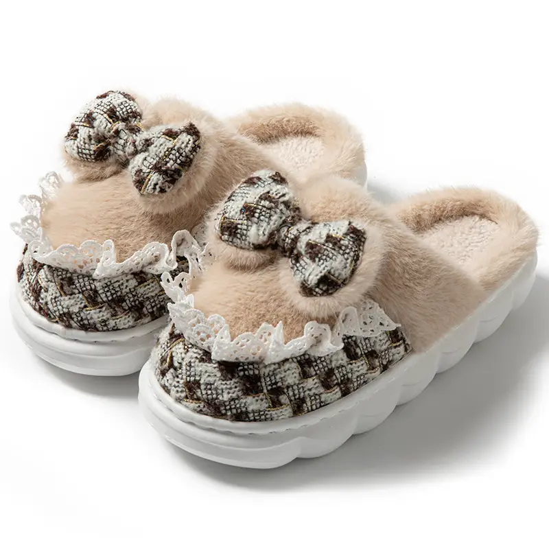 Cartoon Bow Maternity Slippers for Autumn and Winter, Home Living Room and Bedroom, Warm Fleece-Lined, Soft-Soled, Lightweight Cotton Slippers
