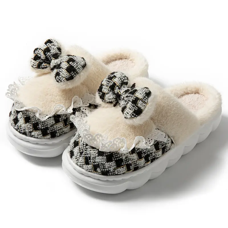 Cartoon Bow Maternity Slippers for Autumn and Winter, Home Living Room and Bedroom, Warm Fleece-Lined, Soft-Soled, Lightweight Cotton Slippers
