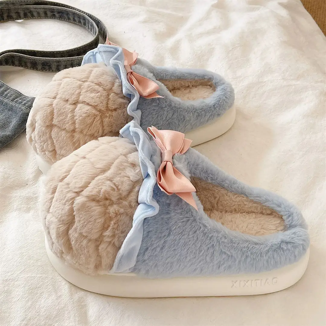 Sweet Cone Bow Plush Slippers for Women Winter Indoor Home Non-Slip Warm Thick-Soled Plush Half-Pack Heel Cotton Slippers - Image 3