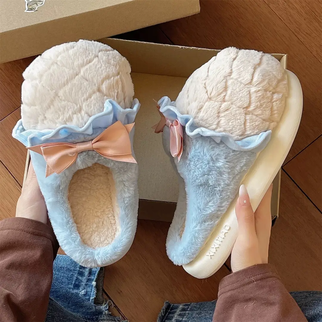 Sweet Cone Bow Plush Slippers for Women Winter Indoor Home Non-Slip Warm Thick-Soled Plush Half-Pack Heel Cotton Slippers - Image 4