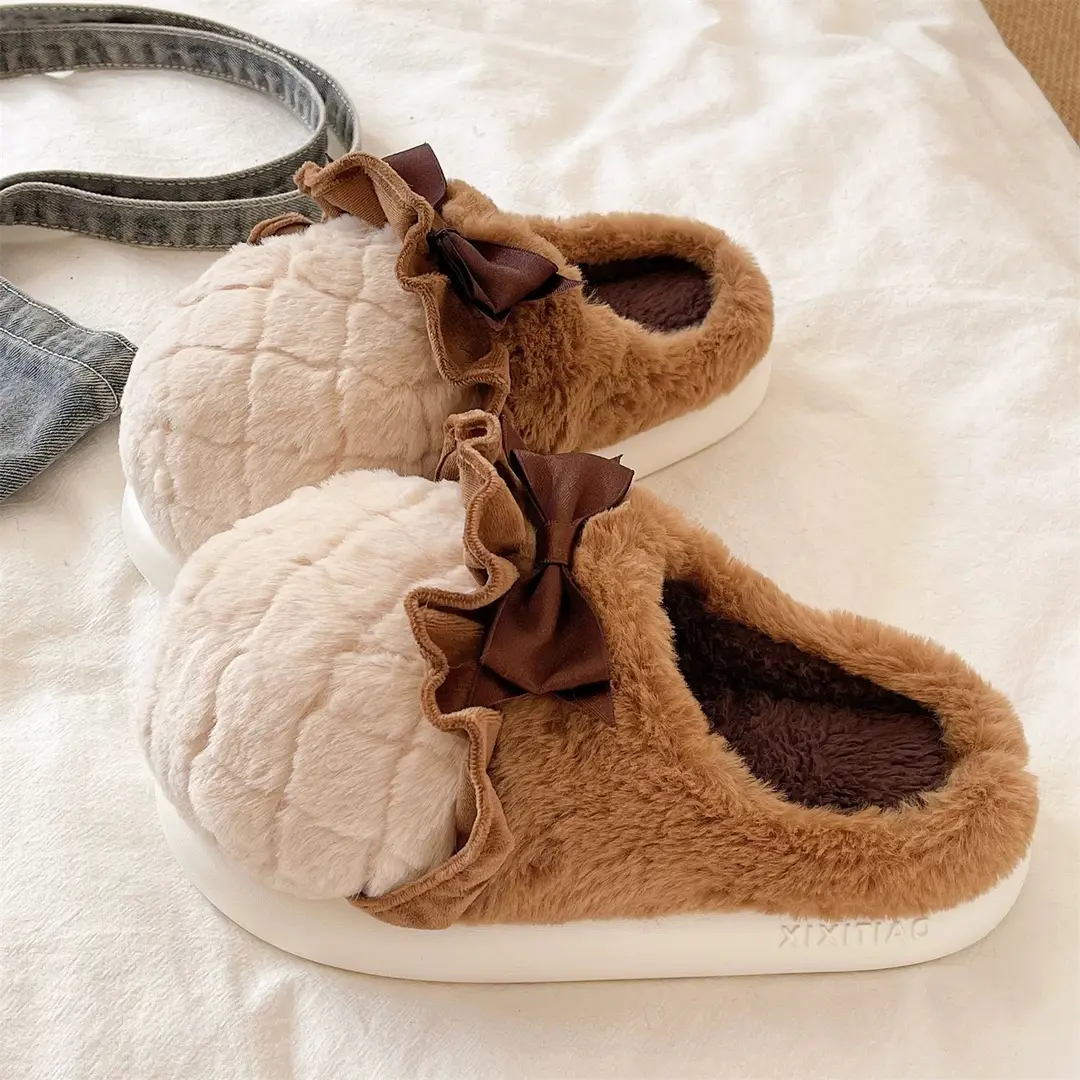 Sweet Cone Bow Plush Slippers for Women Winter Indoor Home Non-Slip Warm Thick-Soled Plush Half-Pack Heel Cotton Slippers - Image 5
