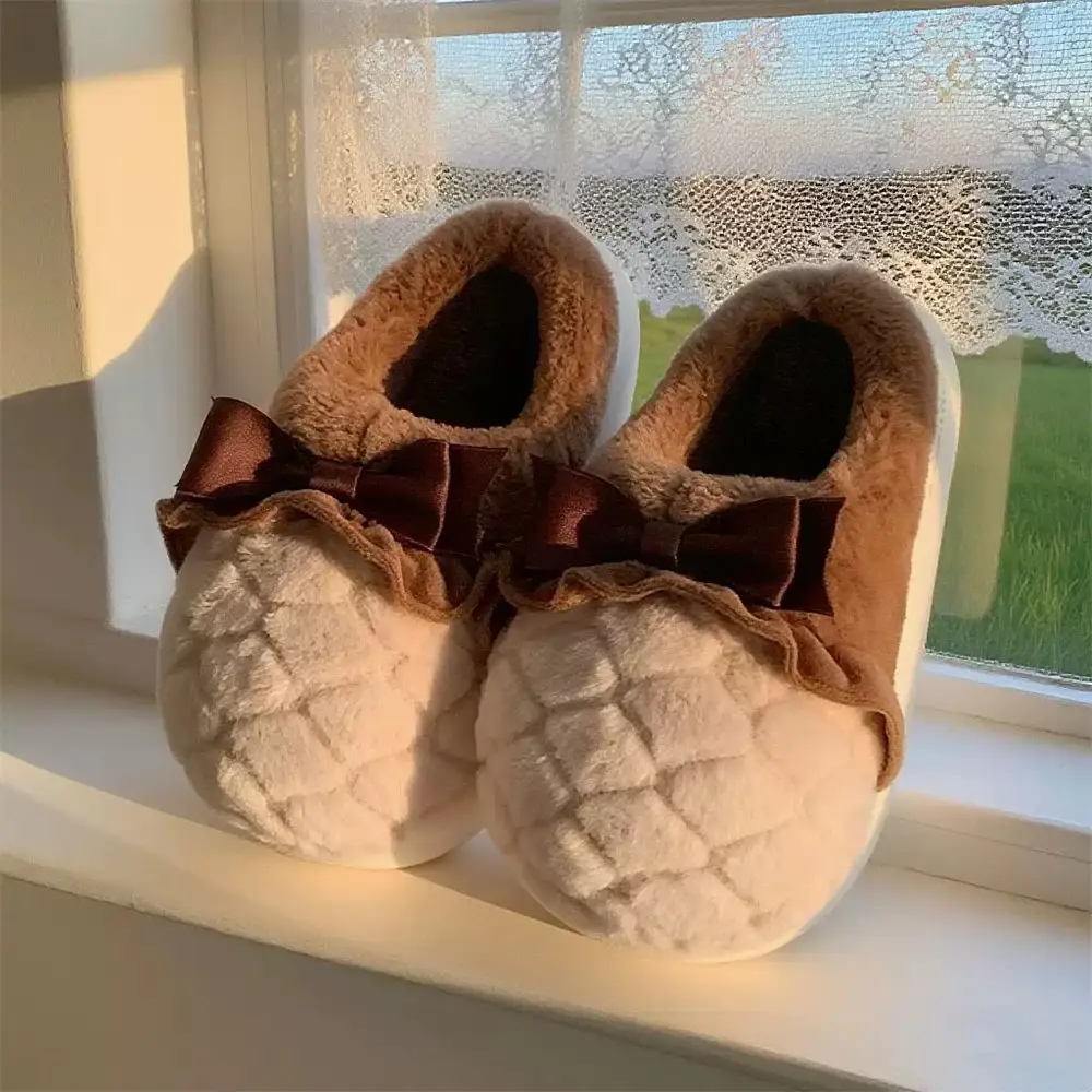 Sweet Cone Bow Plush Slippers for Women Winter Indoor Home Non-Slip Warm Thick-Soled Plush Half-Pack Heel Cotton Slippers - Image 6