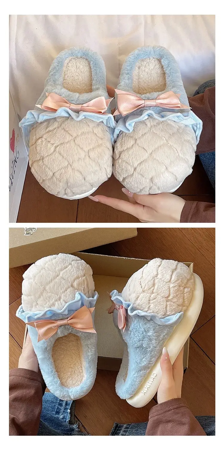 Sweet Cone Bow Plush Slippers for Women Winter Indoor Home Non-Slip Warm Thick-Soled Plush Half-Pack Heel Cotton Slippers — feature 10