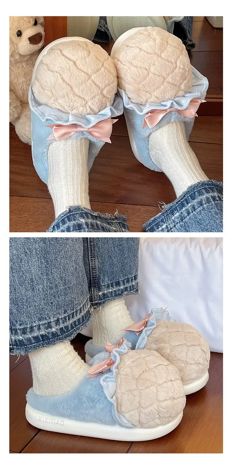 Sweet Cone Bow Plush Slippers for Women Winter Indoor Home Non-Slip Warm Thick-Soled Plush Half-Pack Heel Cotton Slippers — feature 11