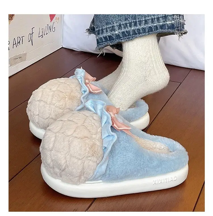 Sweet Cone Bow Plush Slippers for Women Winter Indoor Home Non-Slip Warm Thick-Soled Plush Half-Pack Heel Cotton Slippers — feature 12