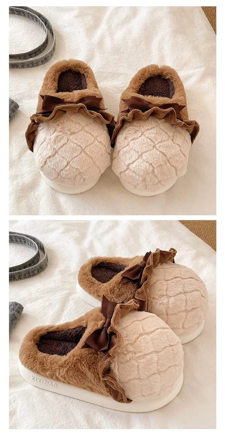 Sweet Cone Bow Plush Slippers for Women Winter Indoor Home Non-Slip Warm Thick-Soled Plush Half-Pack Heel Cotton Slippers — feature 4