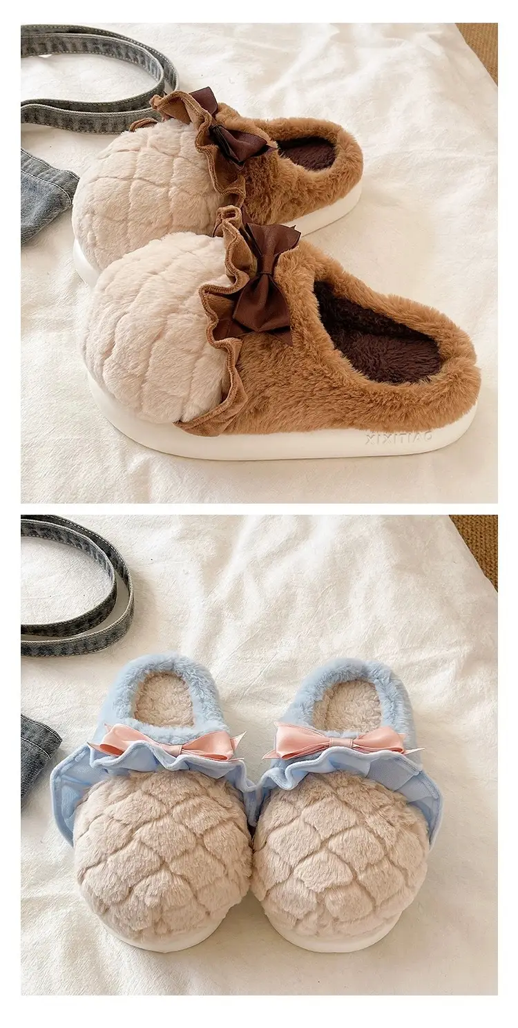 Sweet Cone Bow Plush Slippers for Women Winter Indoor Home Non-Slip Warm Thick-Soled Plush Half-Pack Heel Cotton Slippers — feature 5