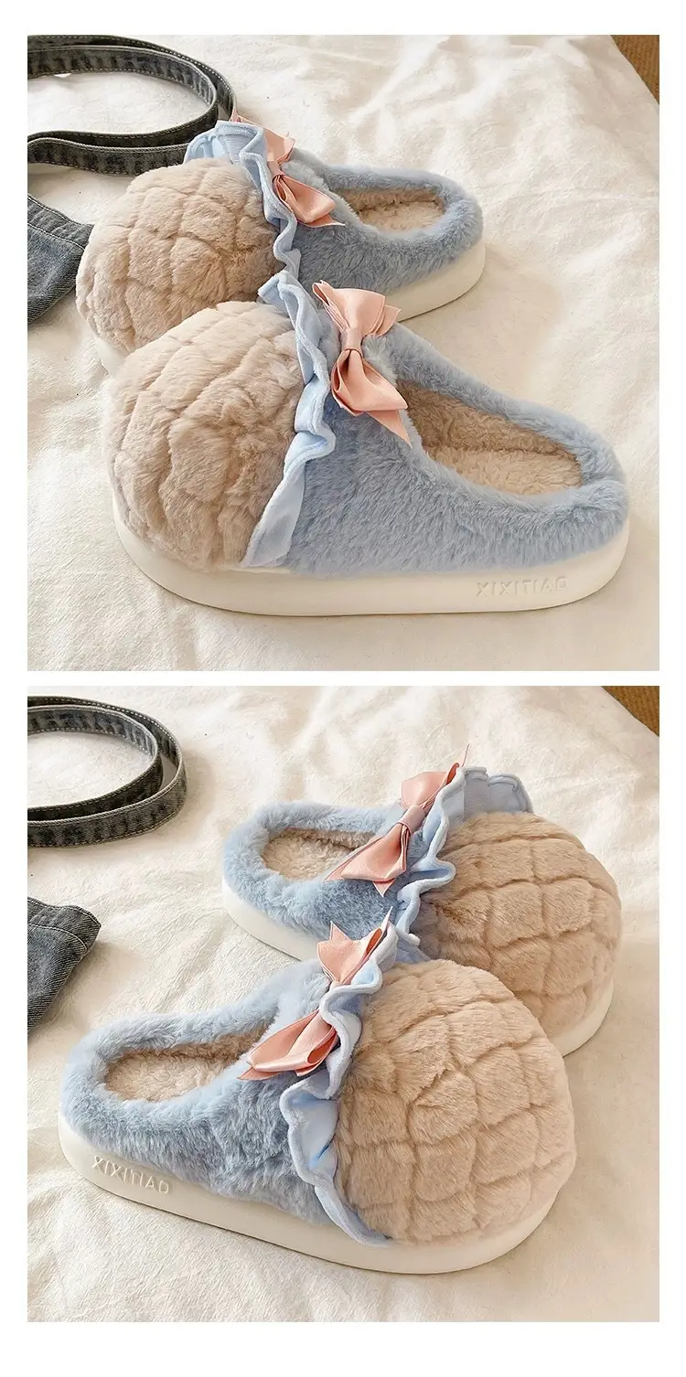 Sweet Cone Bow Plush Slippers for Women Winter Indoor Home Non-Slip Warm Thick-Soled Plush Half-Pack Heel Cotton Slippers — feature 6