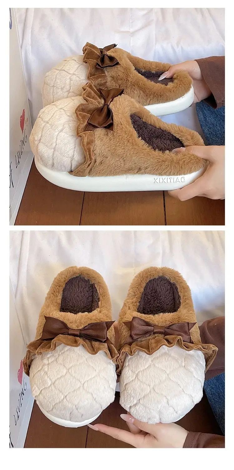 Sweet Cone Bow Plush Slippers for Women Winter Indoor Home Non-Slip Warm Thick-Soled Plush Half-Pack Heel Cotton Slippers — feature 7