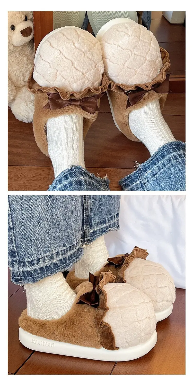 Sweet Cone Bow Plush Slippers for Women Winter Indoor Home Non-Slip Warm Thick-Soled Plush Half-Pack Heel Cotton Slippers — feature 8