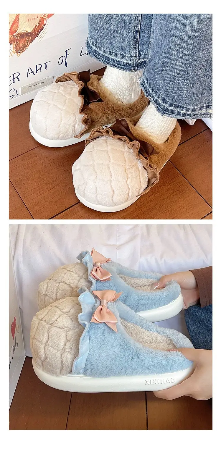 Sweet Cone Bow Plush Slippers for Women Winter Indoor Home Non-Slip Warm Thick-Soled Plush Half-Pack Heel Cotton Slippers — feature 9