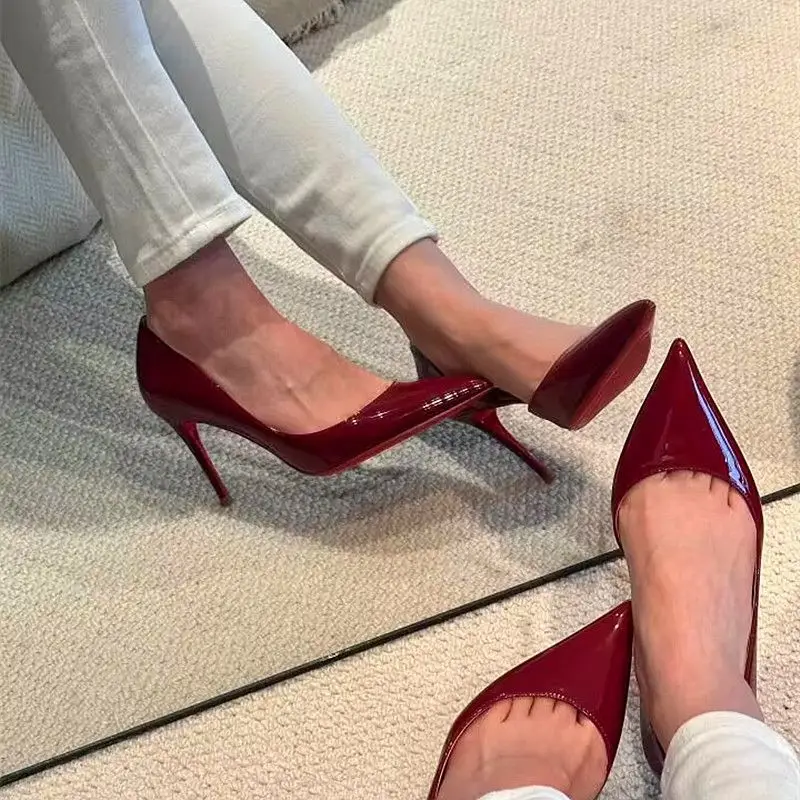 Burgundy High Heels with Fashionable Red Sole, Side Cutouts, Patent Leather, Sexy Pointed Toe, Shallow Mouth, Thin Heel, 2026 New Model - Image 4